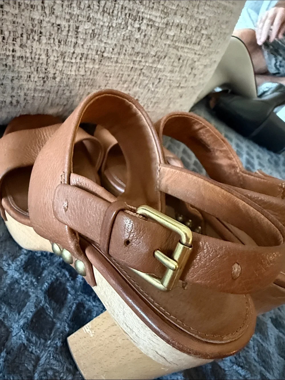 Frye Tan Leather Platform Wedge Sandals